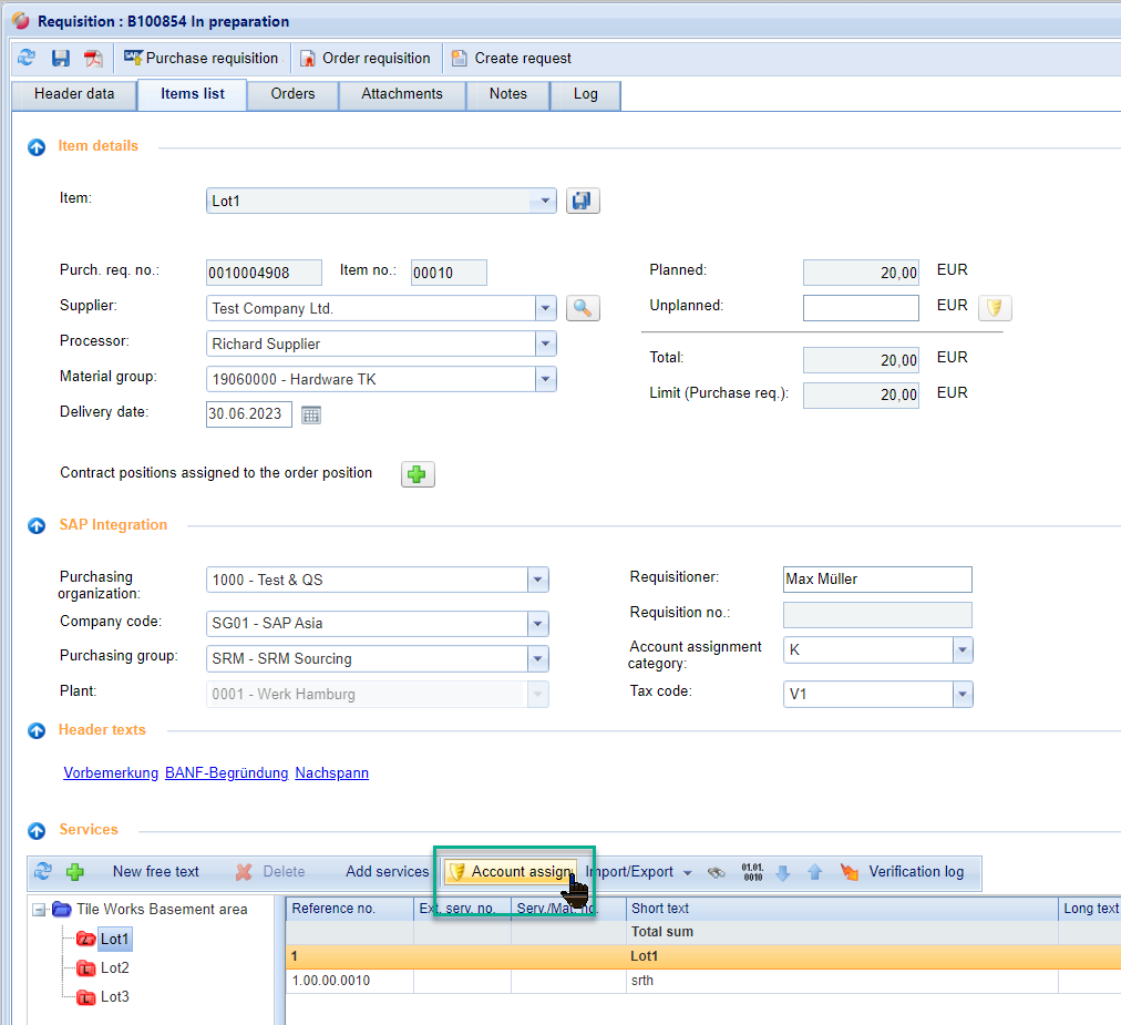 purchase requisition account assignment category